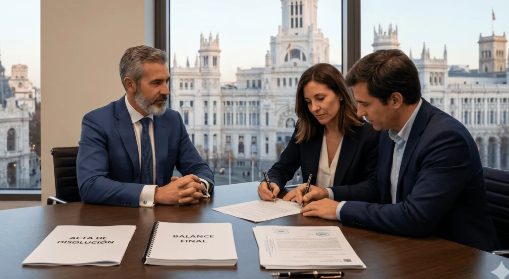 Abogado mercantilista en Madrid revisando la documentación para la disolución de una sociedad limitada.