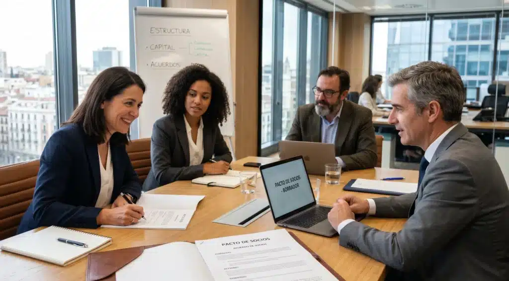 Socios fundadores firmando un pacto de socios estratégico en una oficina de Madrid.